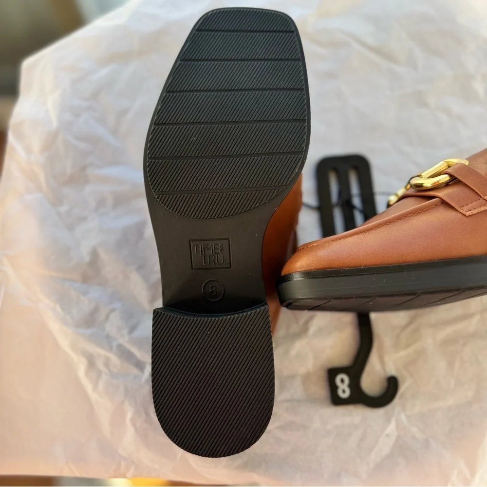 Time & Tru Women's Brown Loafer Mules Size 8 Memory Foam Slip On Gold Hardware - Picture 8 of 14